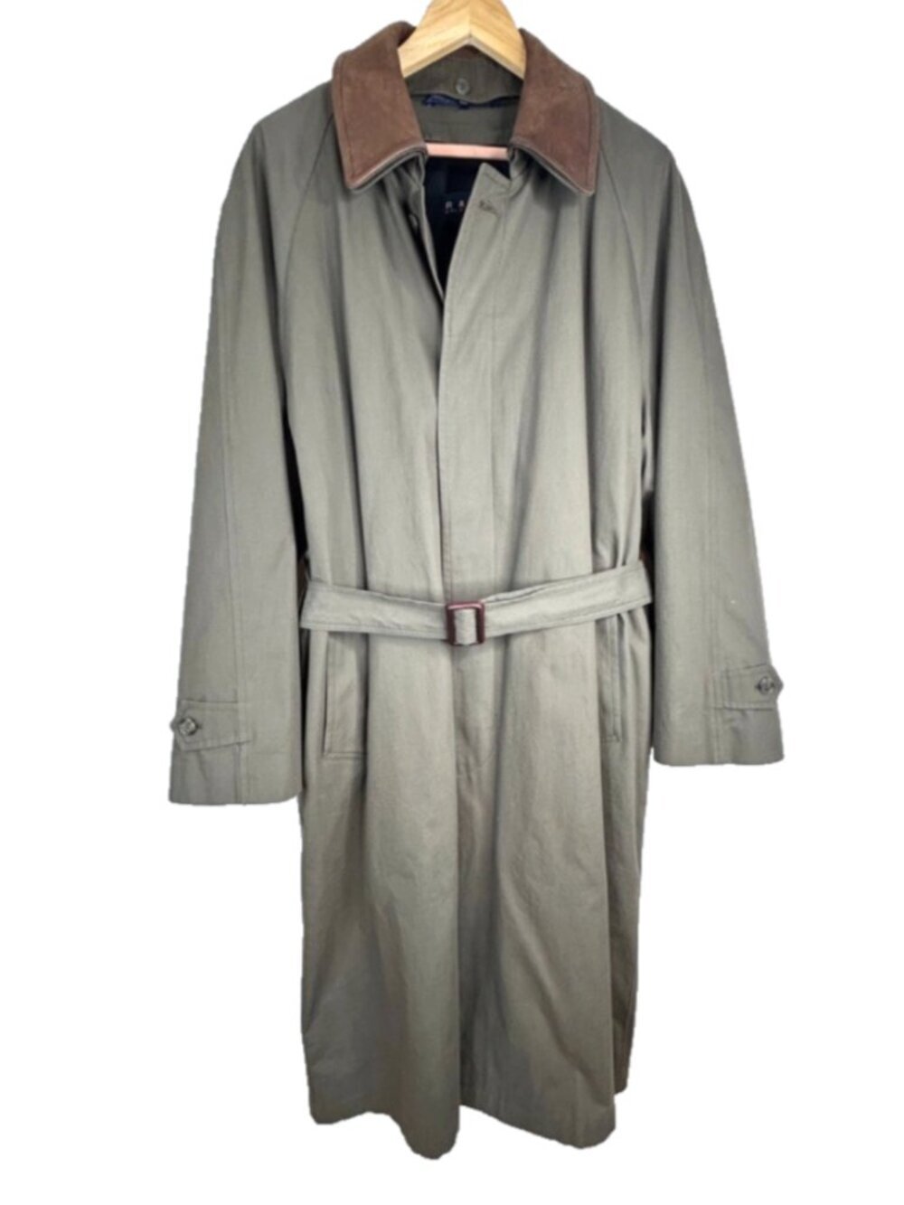 VTG Ralph Lauren Mens Trench Coat 40R Green Cotton Leather Wool Liner Old Money